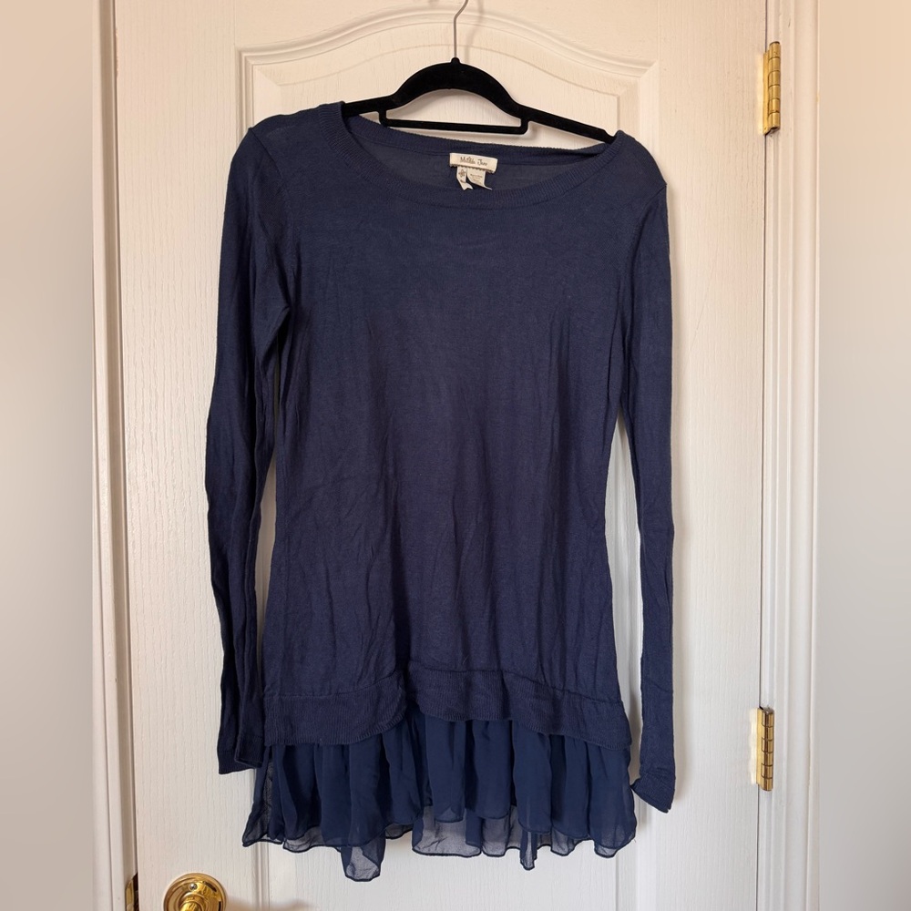 Matilda Jane size Large Lightweight Navy Blue Tunic Sweater with Ruffle Trim